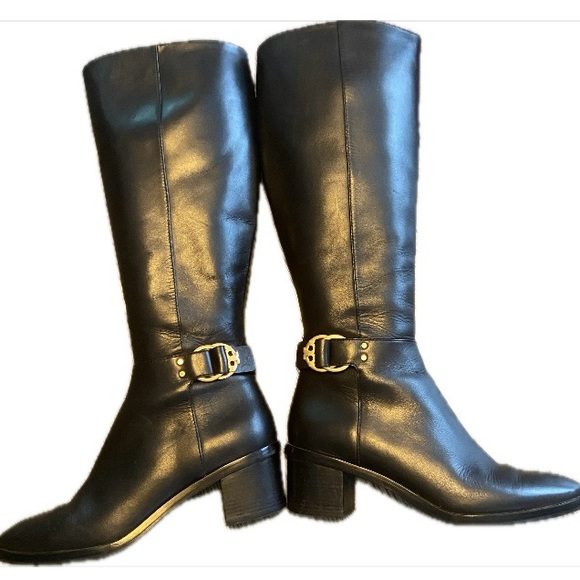 Tory Burch Black Heeled Riding Boots with Gold Buckles. 8M - Picture 1 of 14